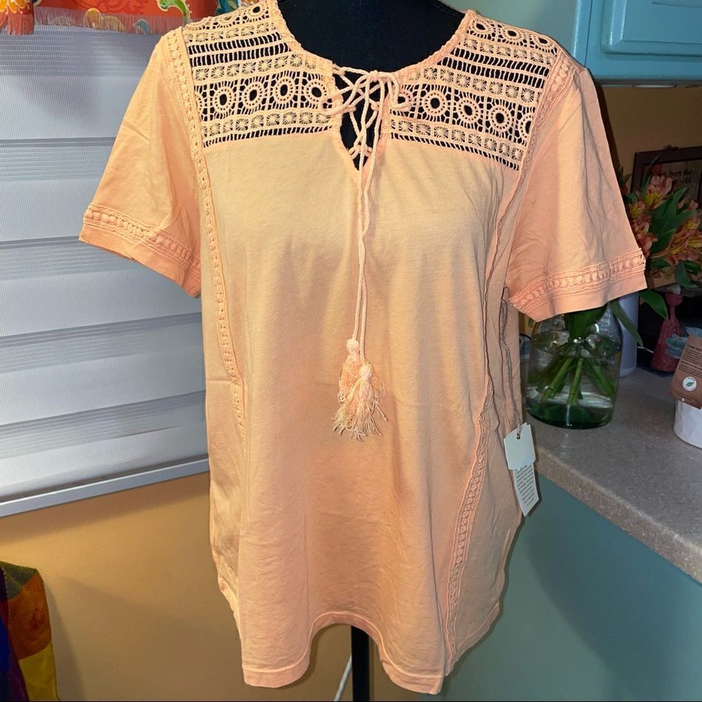 🆕 margaritaville boho peach knit crocheted cotton blend front tie top size Med